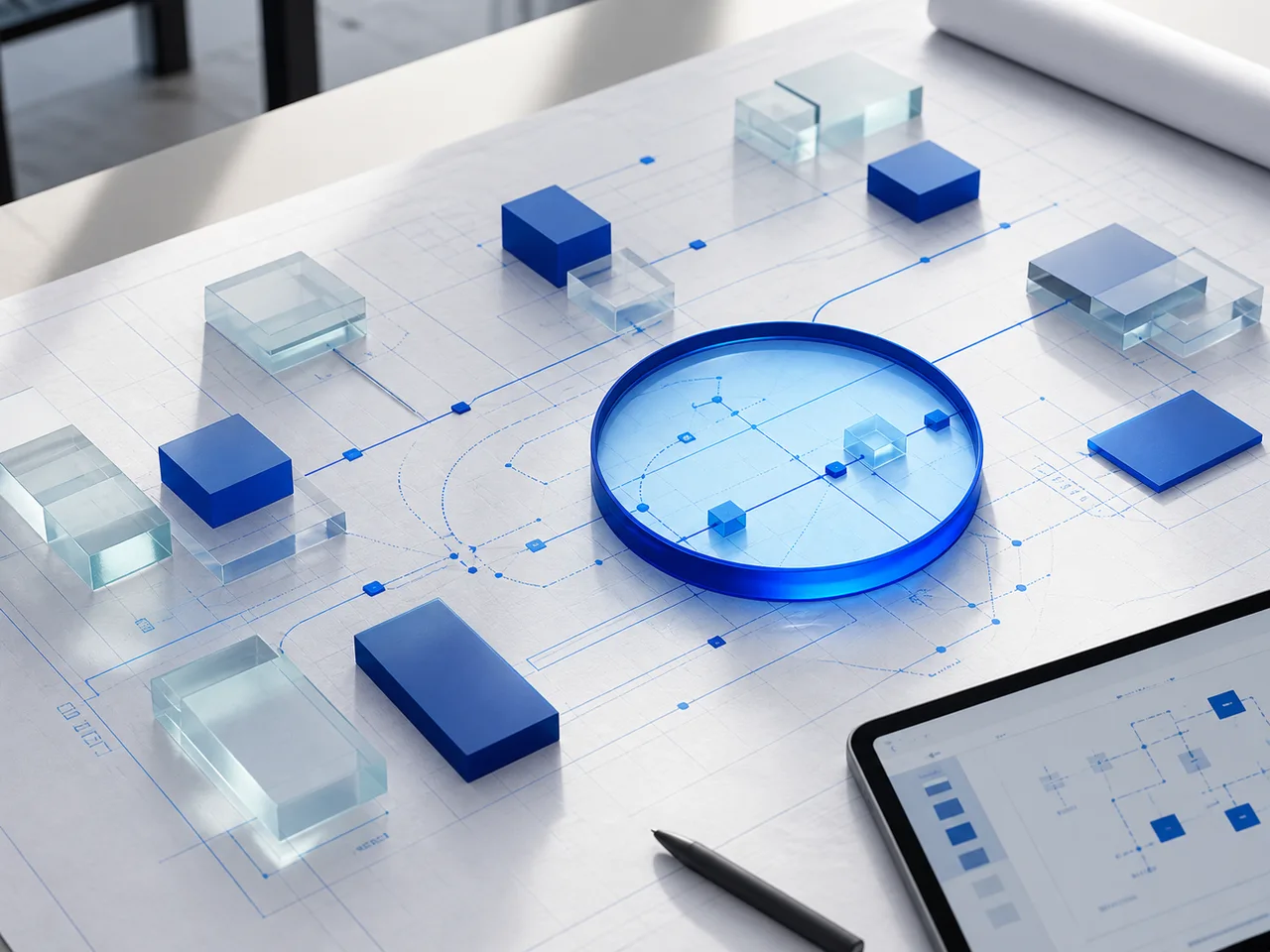 A technology roadmap with a blue lens and connected architectural blocks