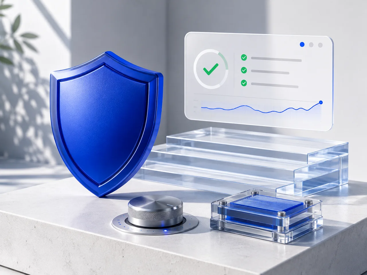 A blue shield, system status panel and adjustable components representing maintenance