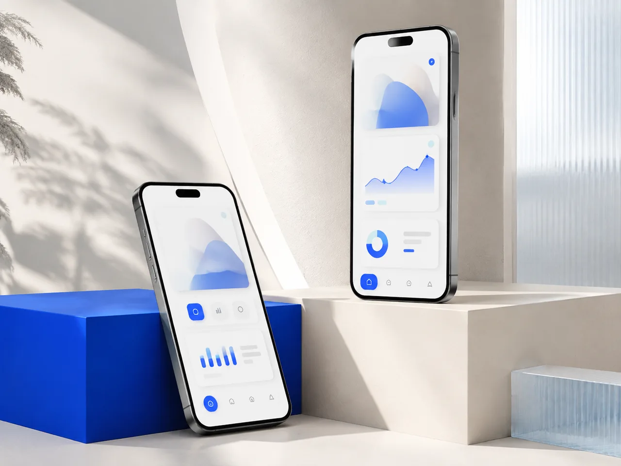 Two phones with illustrative app interfaces on blue and ivory plinths