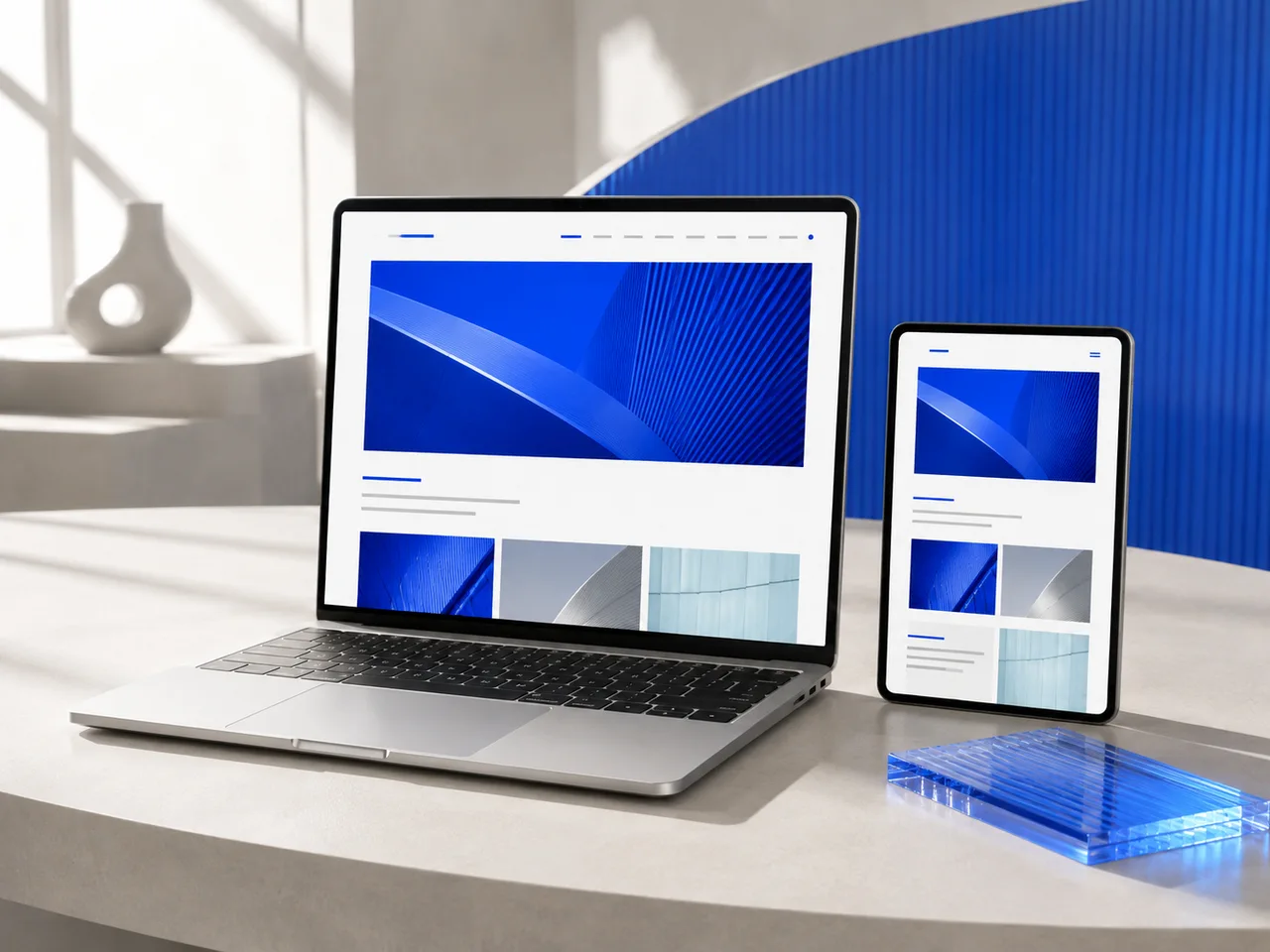 Laptop and tablet displaying an illustrative responsive website