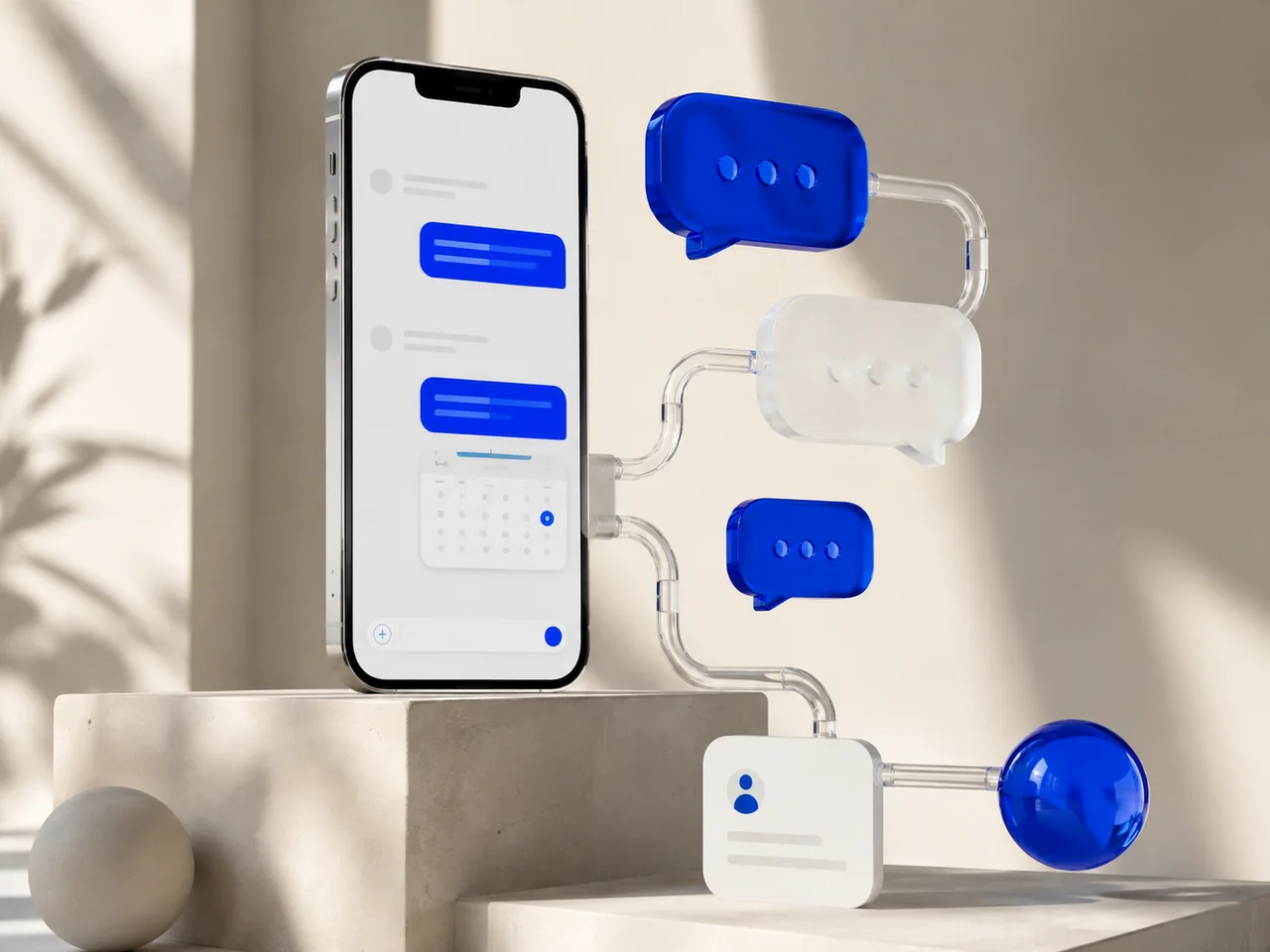 A phone connected to blue message bubbles and a customer card