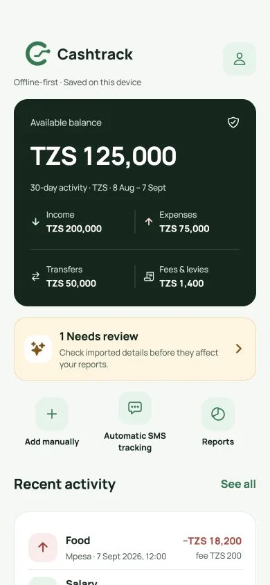 Cashtrack development dashboard with illustrative data