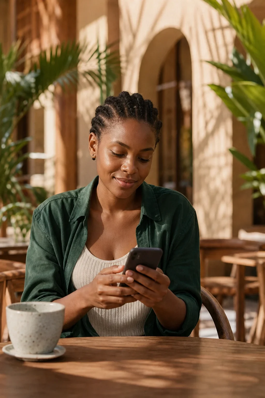 Illustrative Cashtrack scene with a woman using her phone and a development preview of the app