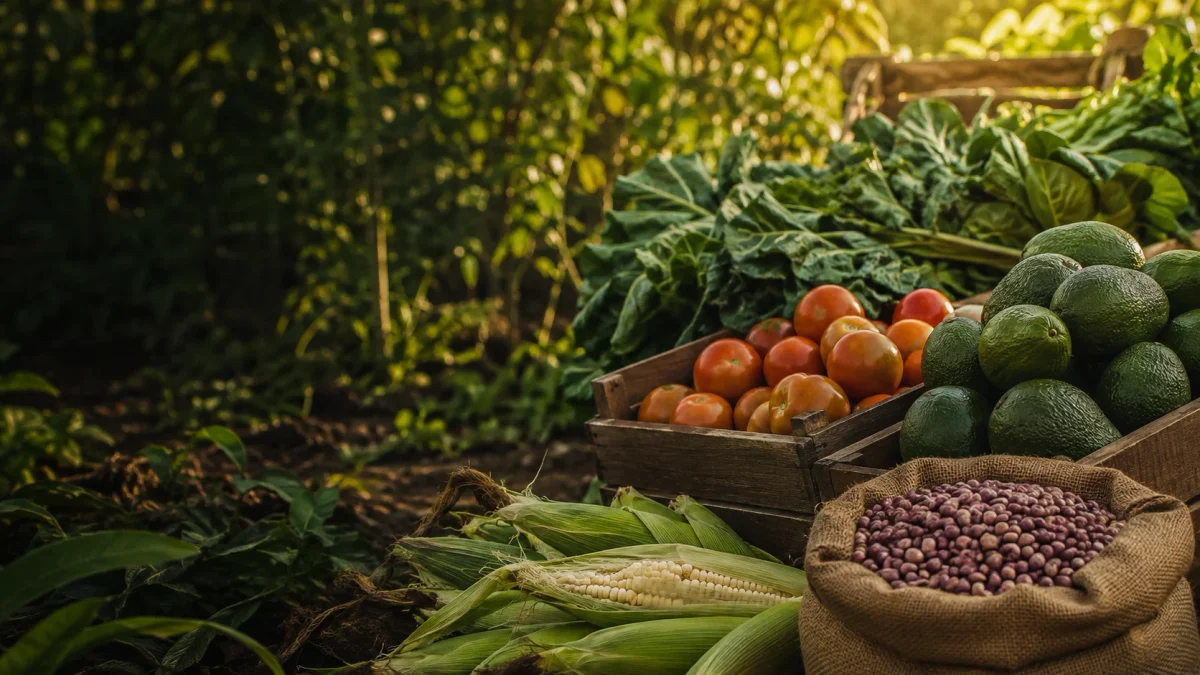 Illustrative harvest of maize, beans, avocados and vegetables for the CropGrid marketplace