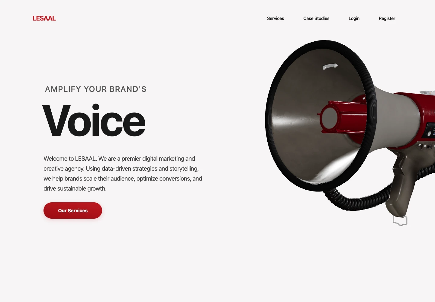 Lesaal Marketing homepage with its red wordmark, agency introduction and three-dimensional megaphone