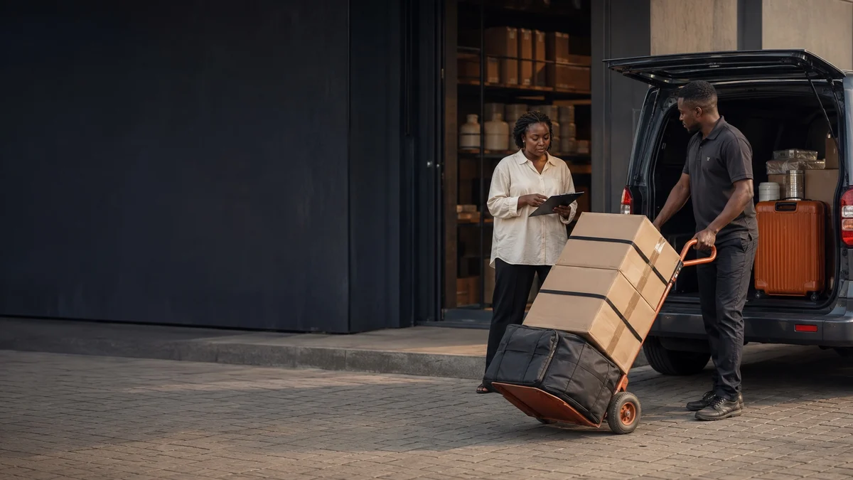 Illustrative Nexadrop business dispatch scene showing goods prepared for delivery
