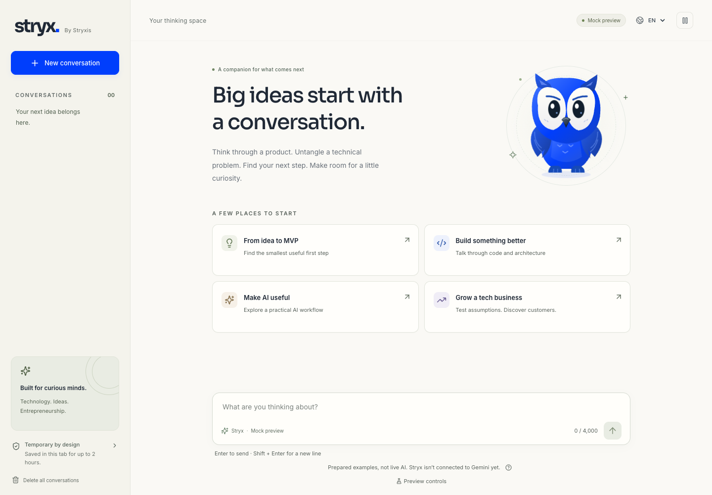 English stryx interface preview with the blue owl mascot, conversation starters and a message composer